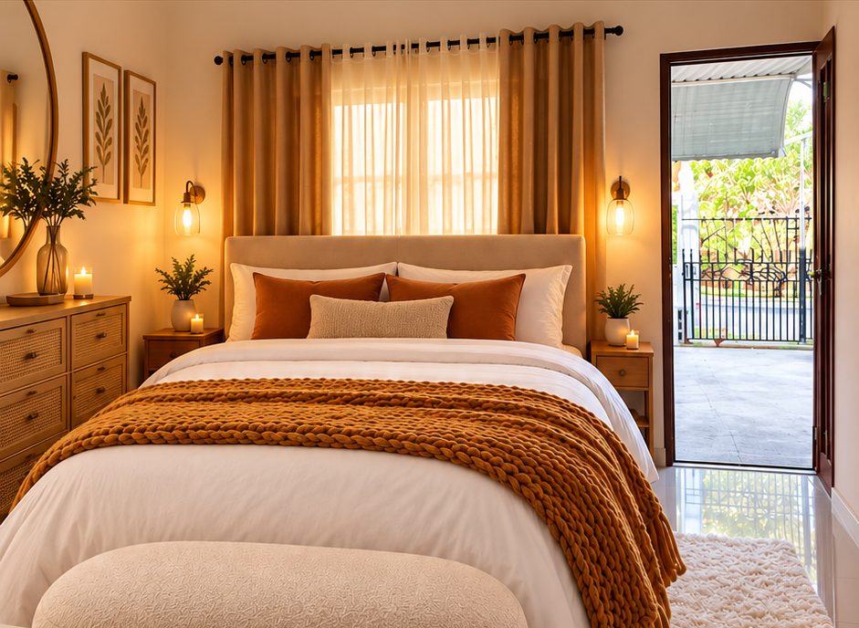 Queen room with a large bed, warm lighting and soft furnishings